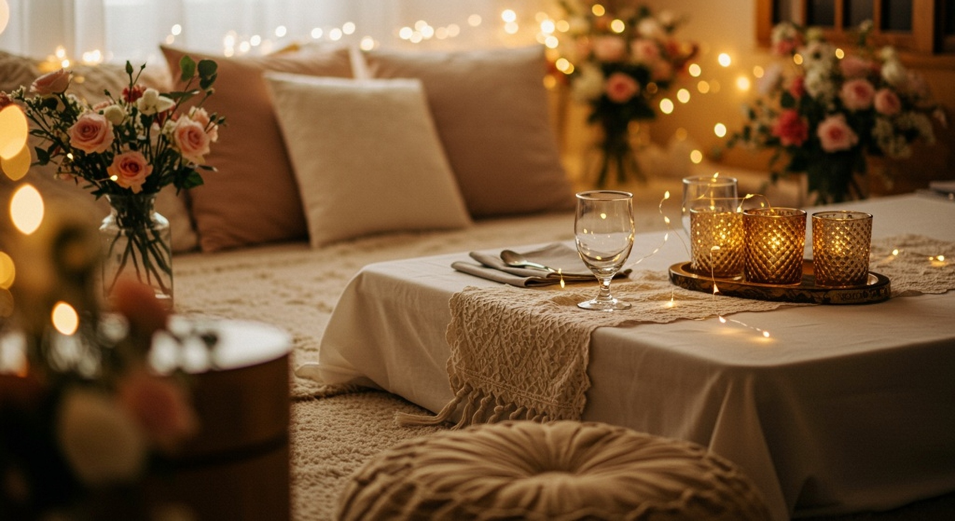 Indoor floor picnic styled with fairy lights, roses and candlelight
