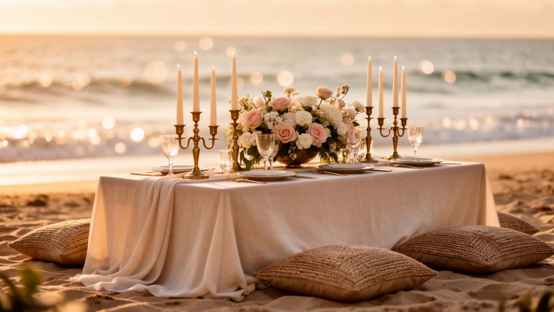 Romantic candlelit table styled on a Sunshine Coast beach at golden hour